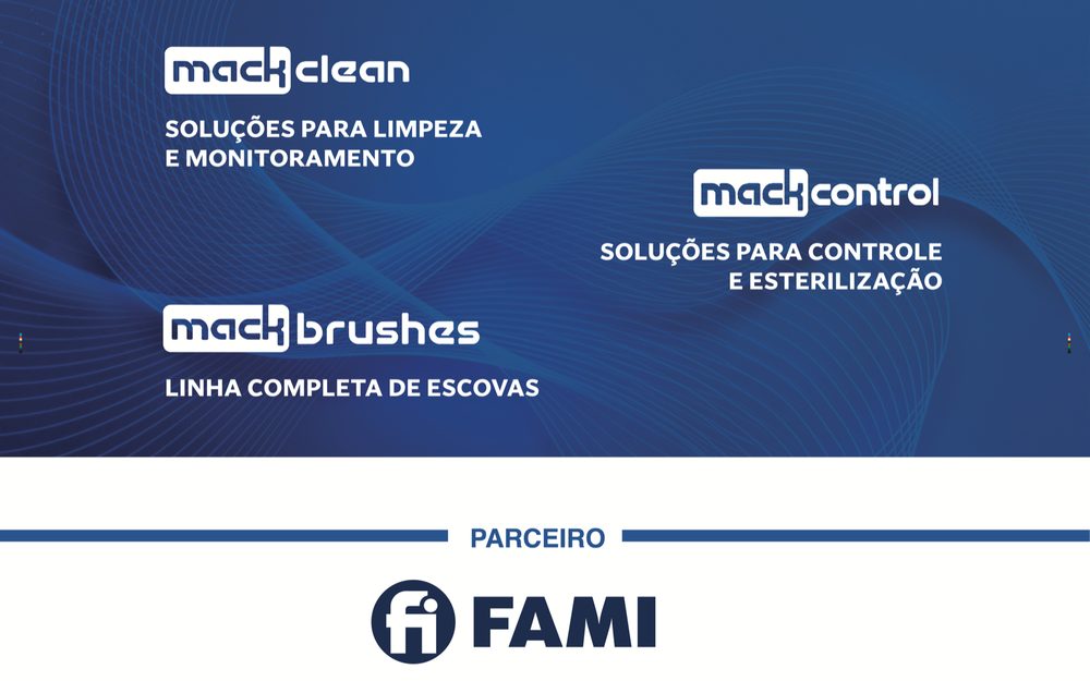 Arte aprovada da parede do estande do simpósio Einstein, com mack clean, mack control e mack brushes, e a FAMI abaixo como parceira