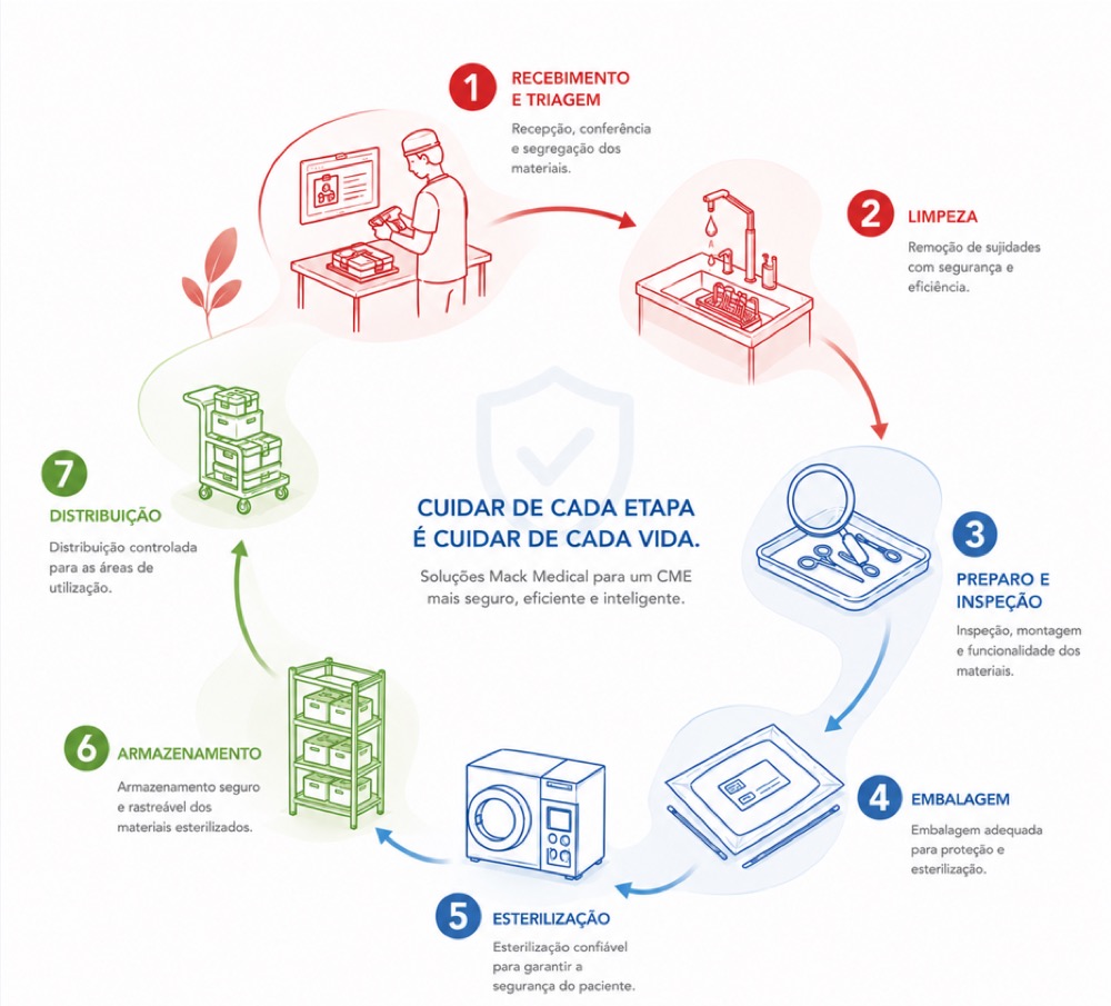Infográfico do ciclo de processamento de produtos para saúde em sete etapas dispostas em círculo: recebimento e triagem, limpeza, preparo e inspeção, embalagem, esterilização, armazenamento e distribuição, cada uma com ilustração de linha e uma frase curta, e no centro o mote sobre cuidar de cada etapa