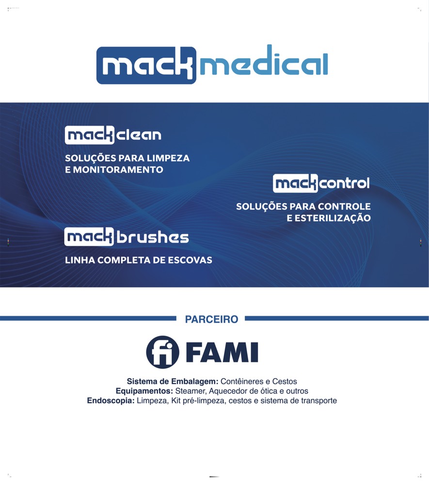 Arte final aprovada da parede do estande de agosto de 2026: logotipo Mack Medical no alto; abaixo, sobre fundo azul, os logotipos mack clean com o descritor Soluções para limpeza e monitoramento, mack control com Soluções para controle e esterilização e mack brushes com Linha completa de escovas; mais abaixo, separado por um filete, o bloco Parceiro com o logotipo FAMI e as três famílias dele