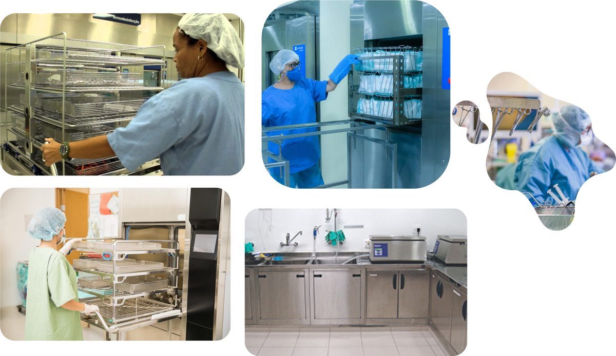 Colagem com quatro rotinas de Central de Material e Esterilização: carga de instrumental em carro de transporte, guarda de material estéril em armário, preparo de bandeja e bancada de limpeza com cubas