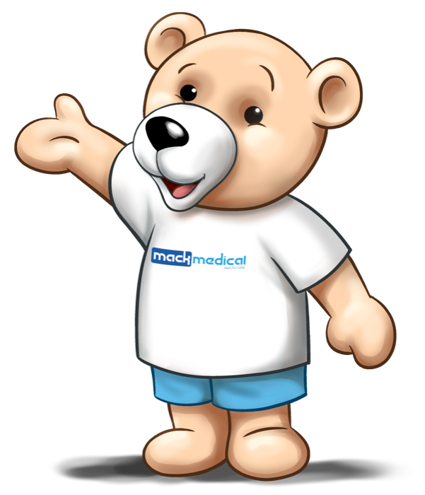 DOM, mascote da Mack Medical, urso ilustrado com camiseta da marca e um braço erguido
