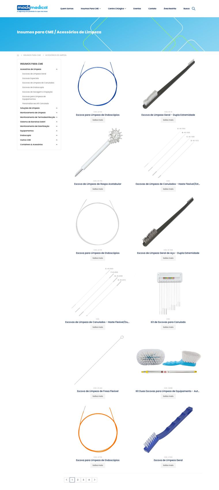 Listagem da categoria Acessórios de Limpeza no site atual, em desktop: faixa de título em degradê ciano com traços verdes, menu lateral de categorias, grade de produtos em duas colunas e paginação de quatro páginas