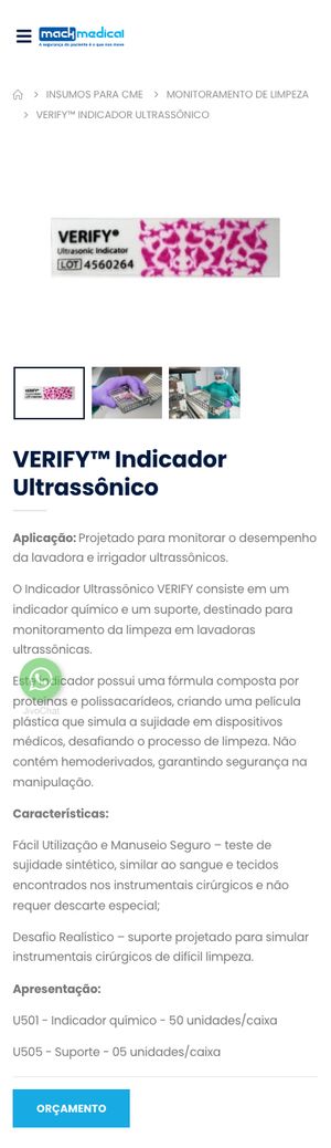 A mesma página de produto em celular: trilha de navegação em duas linhas, imagem grande, miniaturas, nome do produto e o texto completo empilhado até o botão de orçamento