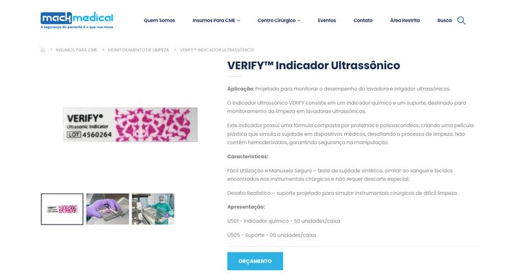 Página de produto no site atual em desktop: galeria à esquerda com três miniaturas, e à direita o nome do produto, aplicação, características, apresentação com códigos e um botão de orçamento